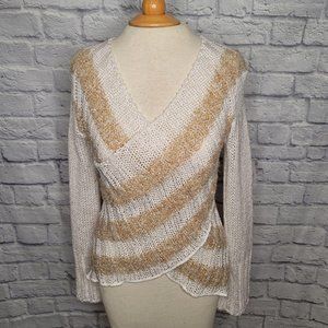 Casting Crocheted Long Sleeve White and Tan Sweater M
